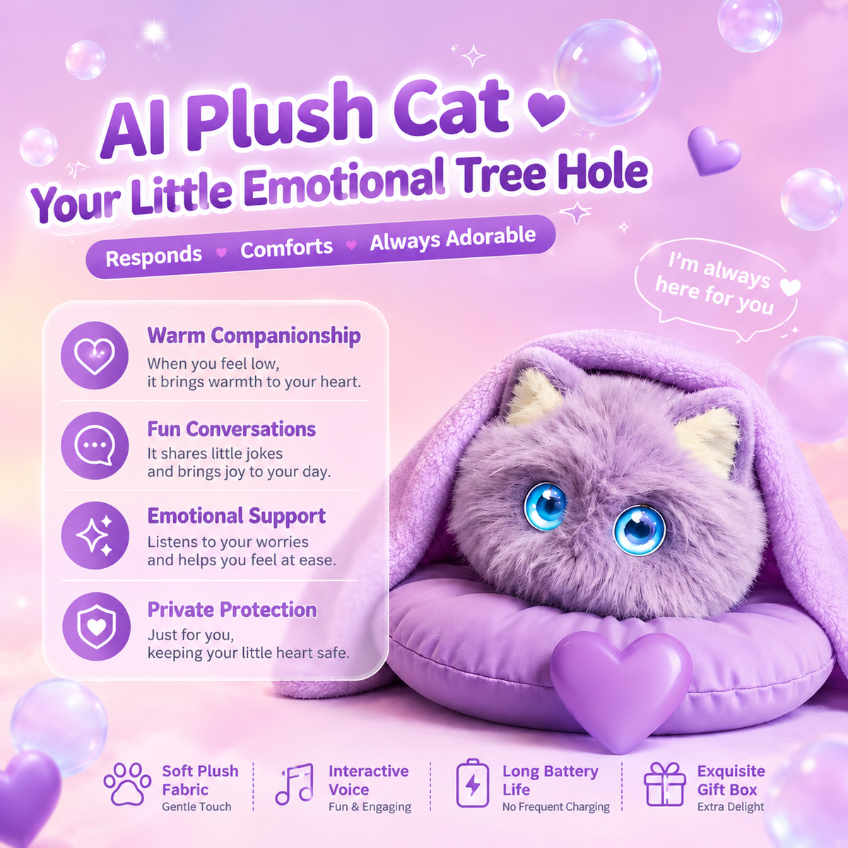AI Smart Plush Cat – Talking Companion with Memory & 3-in-1 Design